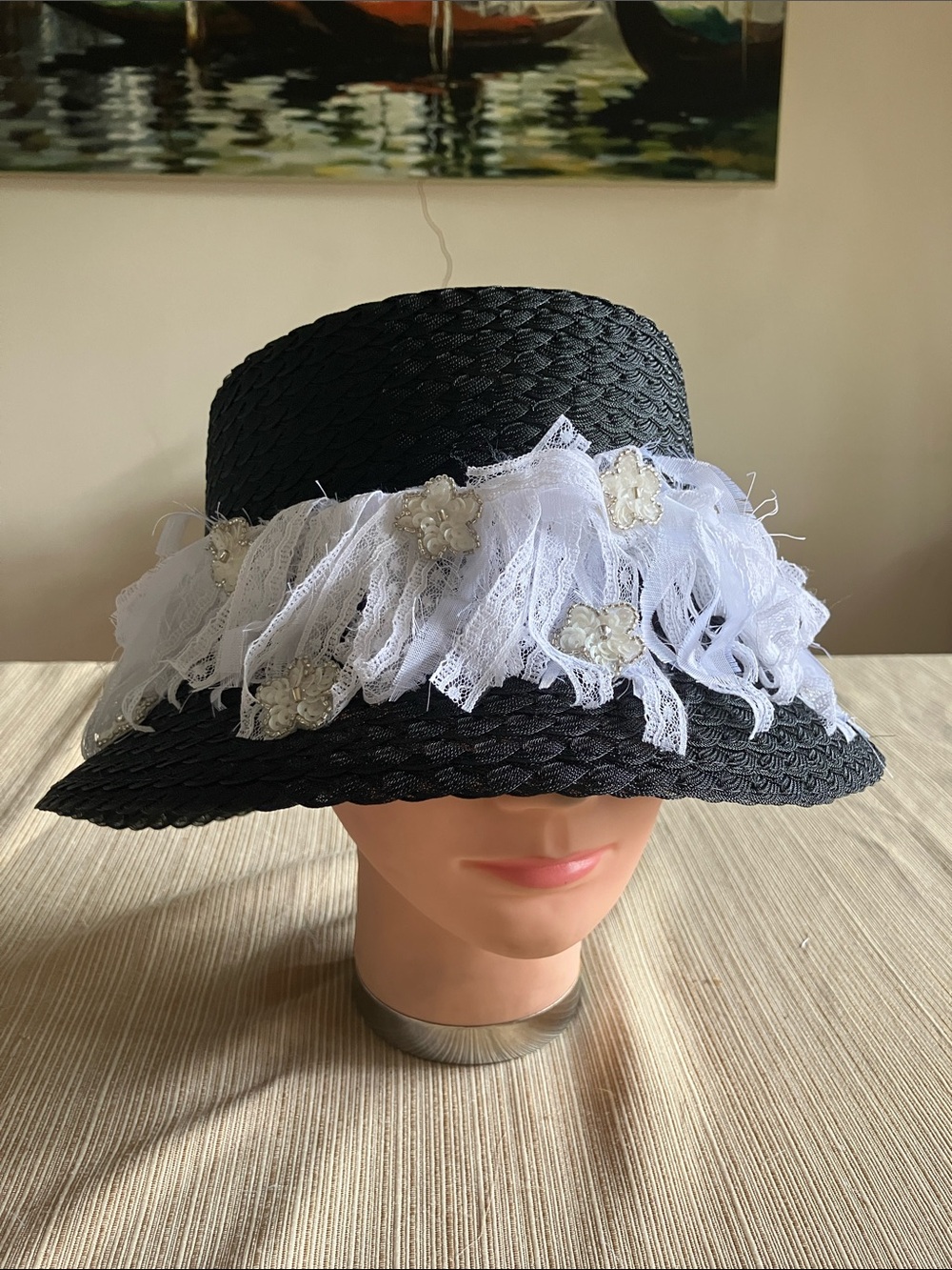 Chic Black Bucket Hat with White Lace Trim